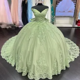 Avocado Green Off-Shoulder Quinceañera Dress with Lace Applique