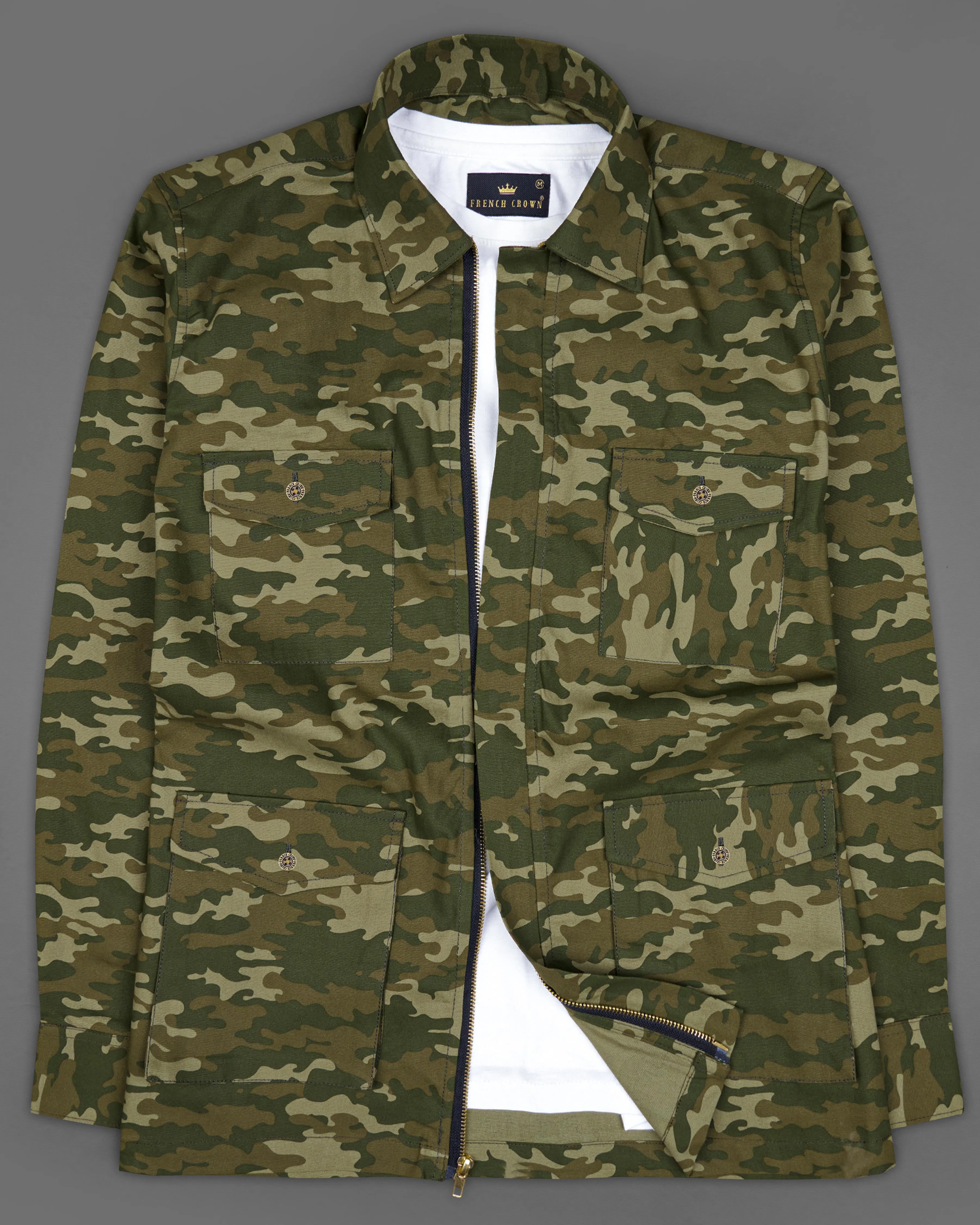 Bistre Green with Fuscous Brown Camouflage Printed Royal Oxford Designer zipper Jacket