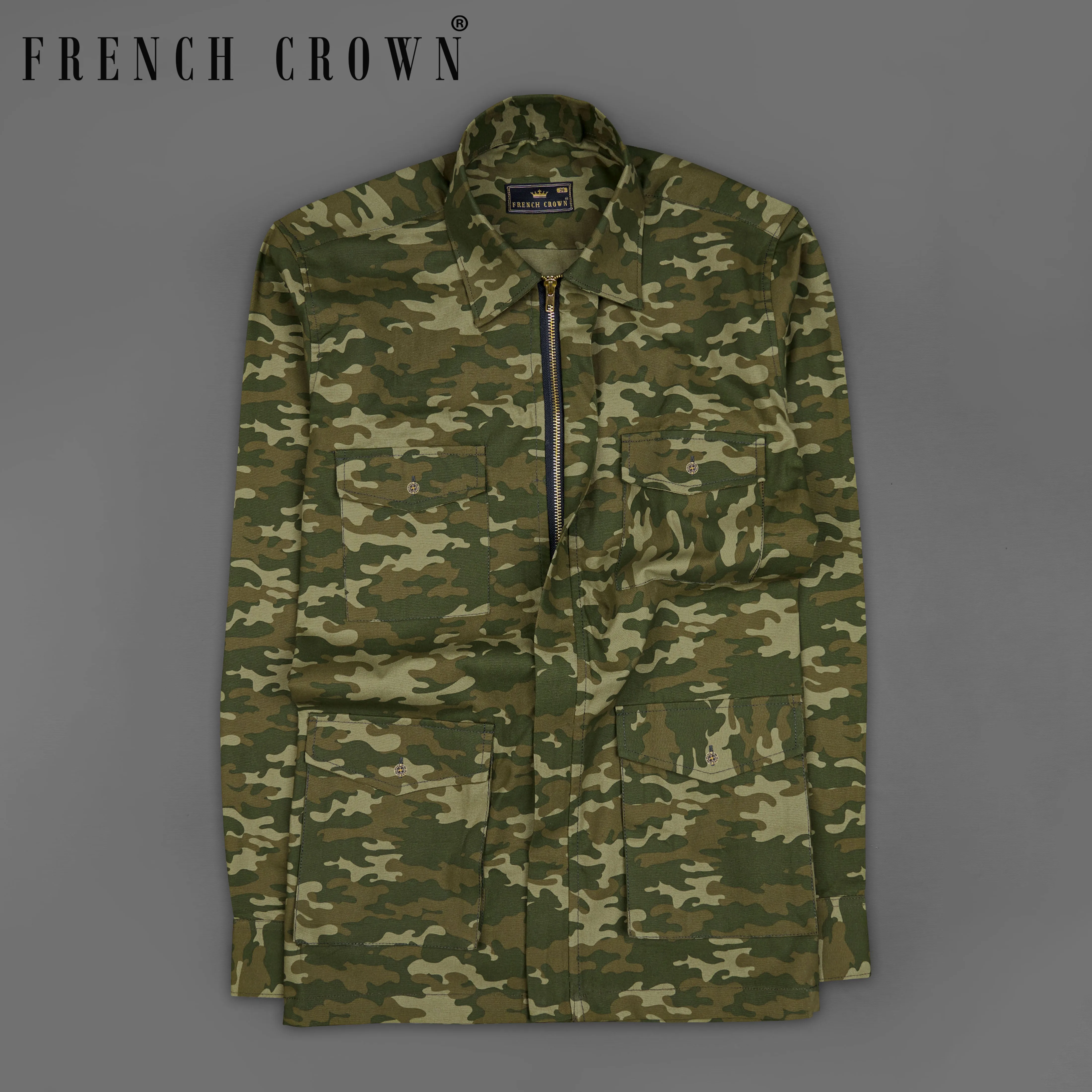 Bistre Green with Fuscous Brown Camouflage Printed Royal Oxford Designer zipper Jacket