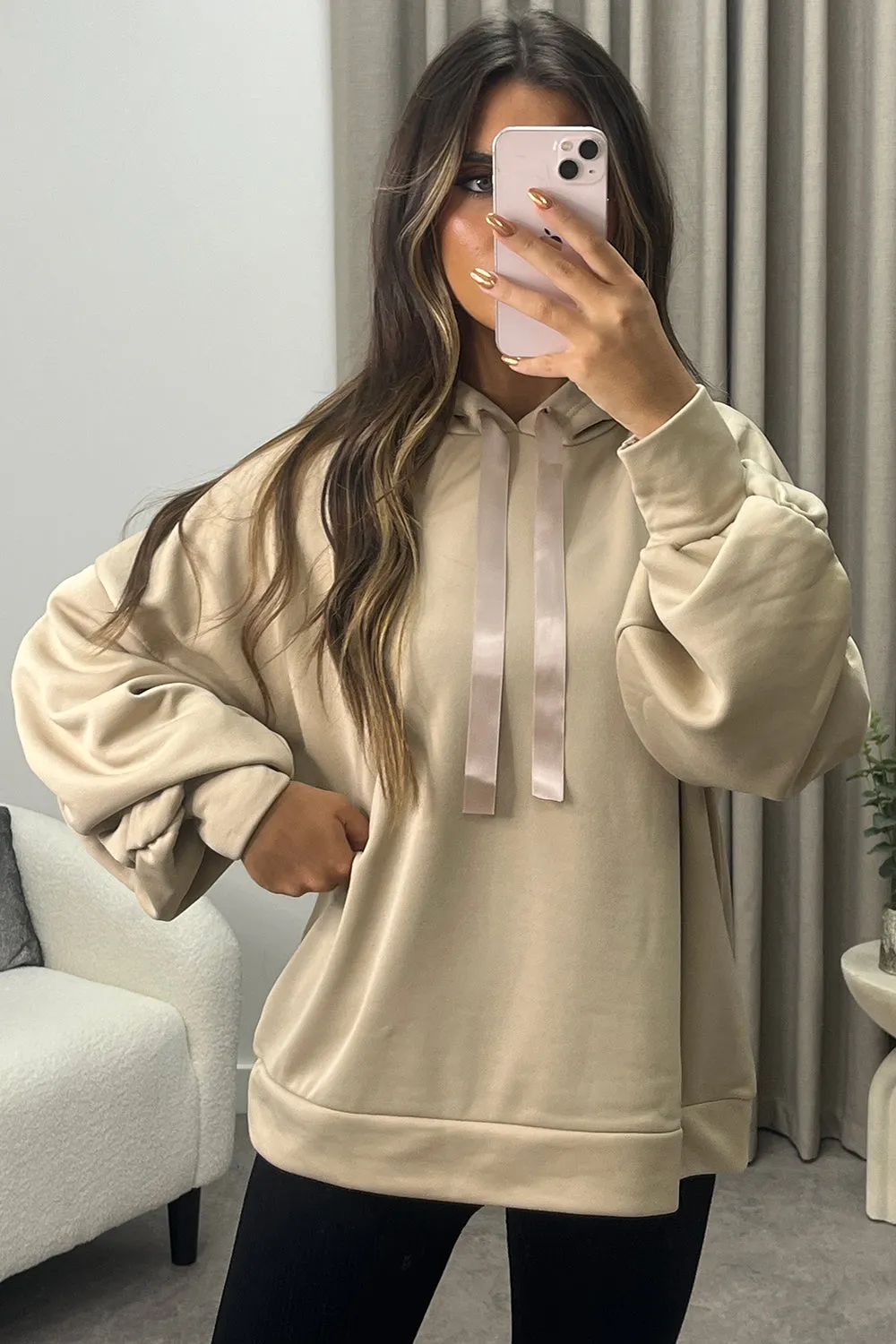 Carlee Beige Ruched Sleeve Satin Drawstring Hoodie