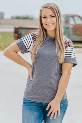 Complicated Love Stripes Leopard Short Sleeve Top in Charcoal