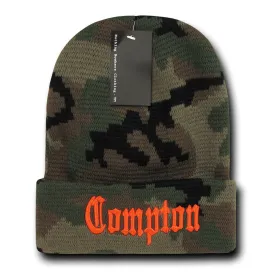 Compton City Beanie Knit Cap, Camo/Orange