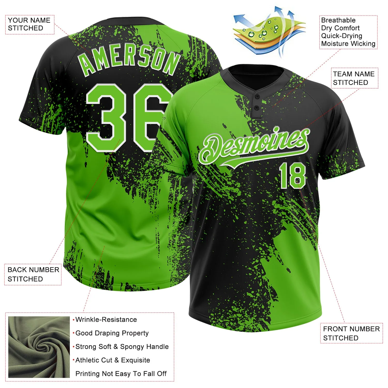 Custom Black Aurora Green-White 3D Pattern Abstract Brush Stroke Two-Button Unisex Softball Jersey