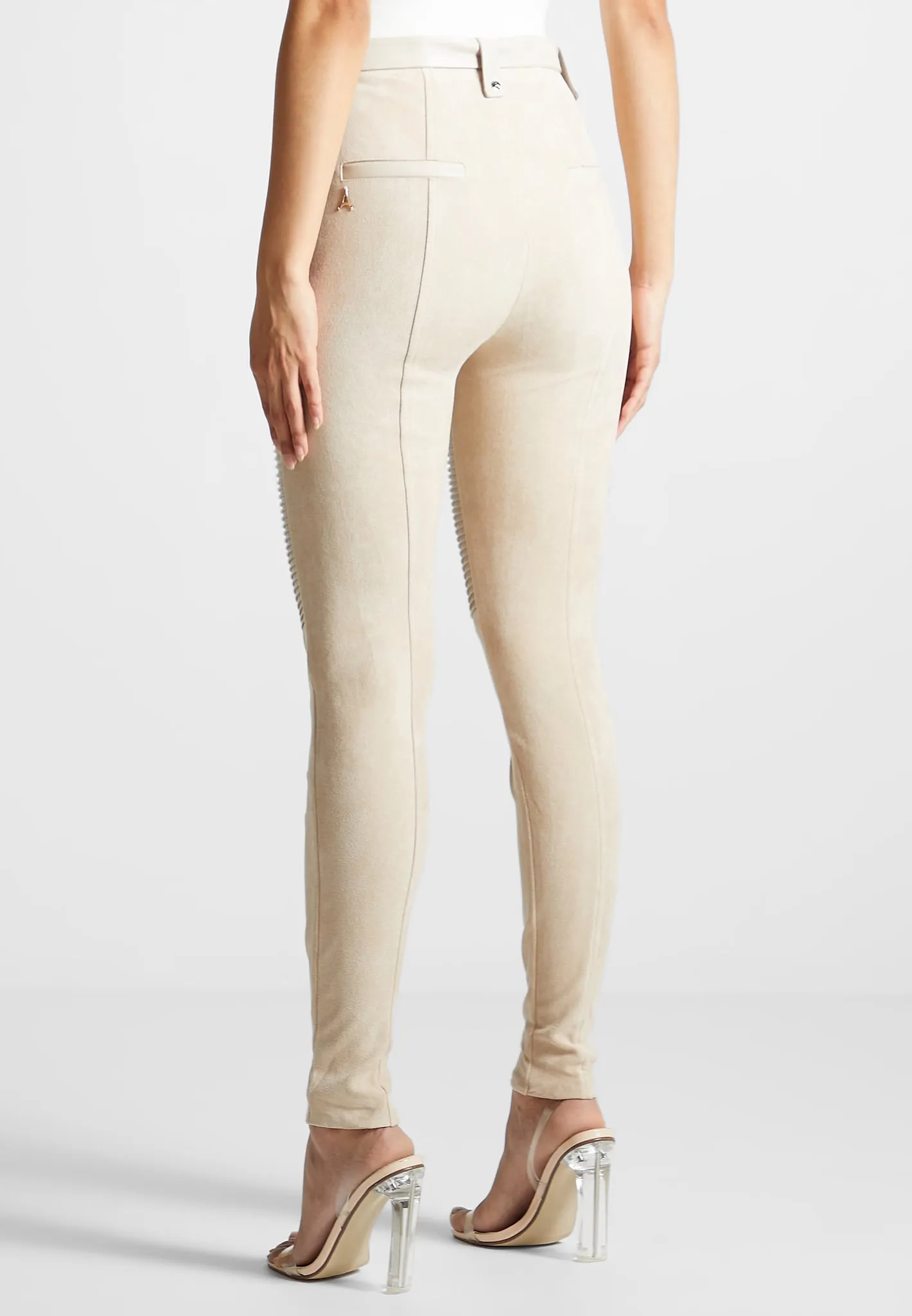 Leather and Suede Ribbed Leggings - Beige