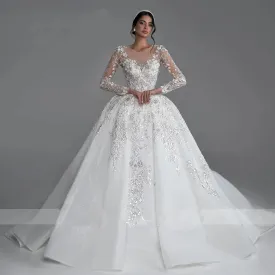 Long Sleeve Ball Gown with Sequined Beading & Royal Train